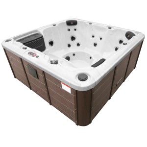 Canadian Spa Whirlpool Winnipeg, fester Whirlpool für 6 Personen mit brauner Verkleidung und weißer Wanne.
