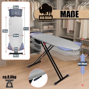 BigDean Bügelbrett XXL 120 x 45 cm Bügelfläche Ausklappbare Schulterpassform