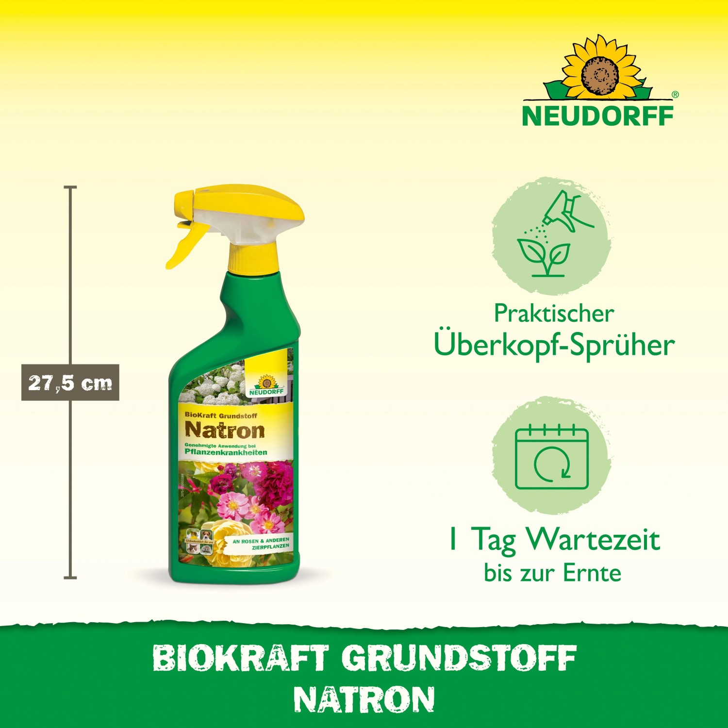 Grüne Neudorff BioKraft Natron 500ml Sprühflasche, 27,5 cm hoch, mit gelbem Überkopf-Sprüher. Pflanzenstärkungsmittel gegen Mehltau.
