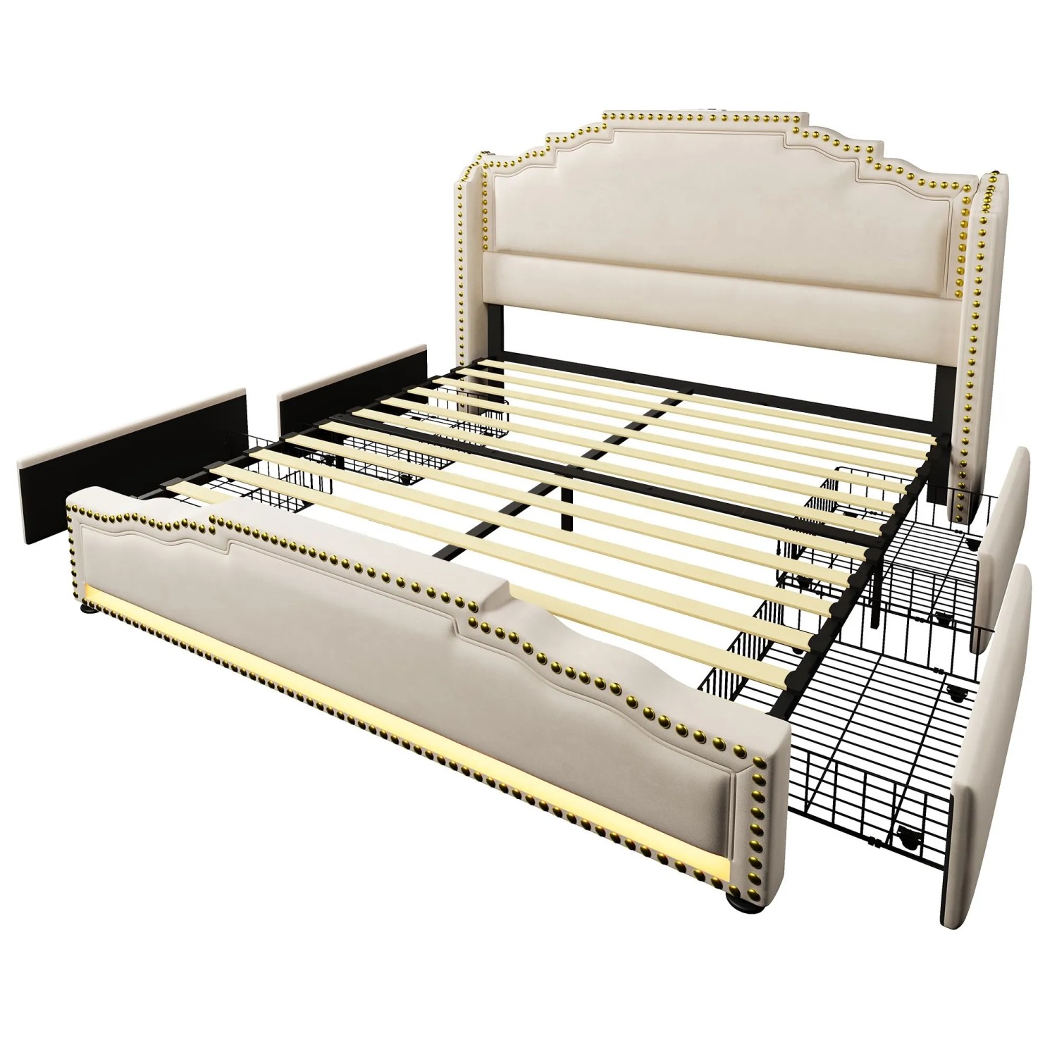 okwish Polsterbett 160x200cm mit LED Schubladen Stauraumbett Beige ohne Matratze