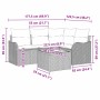 Beiges 5-tlg. vidaXL Garten-Sofa-Set aus Poly Rattan mit Kissen und Tisch, Maße eingezeichnet.