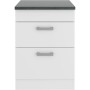 OPTIFIT Oslo214 Küchenunterschrank, 60 cm, Feinstruktur Weiß mit zwei Schubladen und grauer Arbeitsplatte.