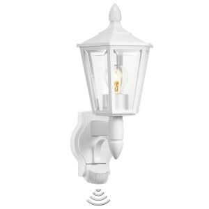 Weiße Steinel Außenwandleuchte L 15 S mit Bewegungsmelder und E27 Fassung.