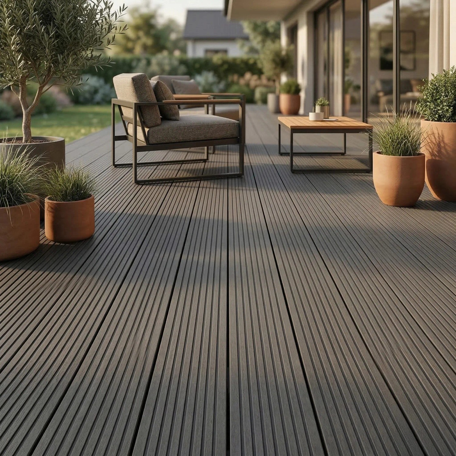 Woodstore24 WPC Terrassendiele 240 x 14,5 x 2 cm Hohlkammer Geriffelt Komplettset mit Clipsystem Anthrazit 36 m²