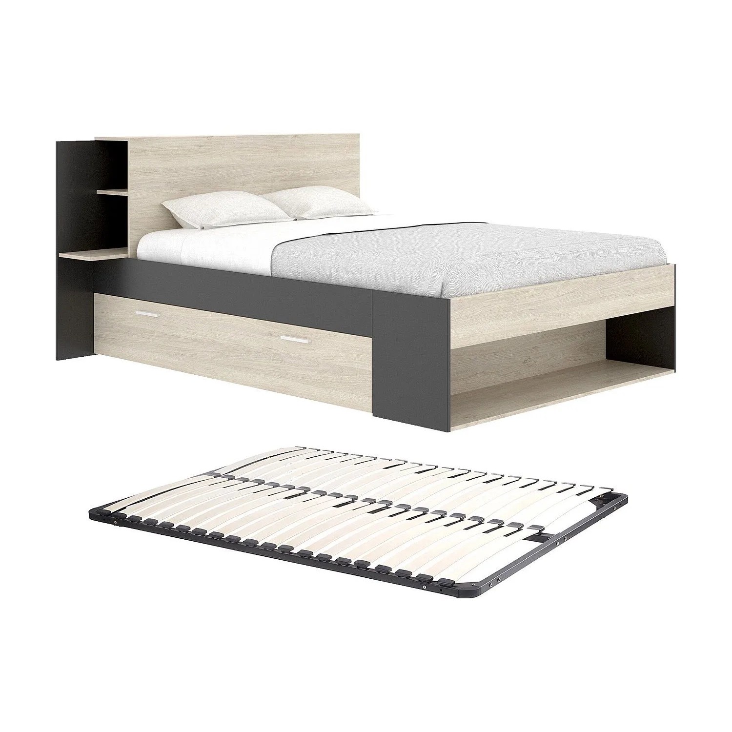 Vente-unique Bettrahmen Kerosia Schwarz  Naturfarben Hell 220.5 cm