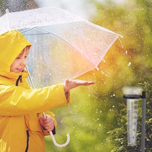 Regenmesser 2er Set im Einsatz: Kind mit Schirm prüft Niederschlag. Wetterfester Gartenhelfer.