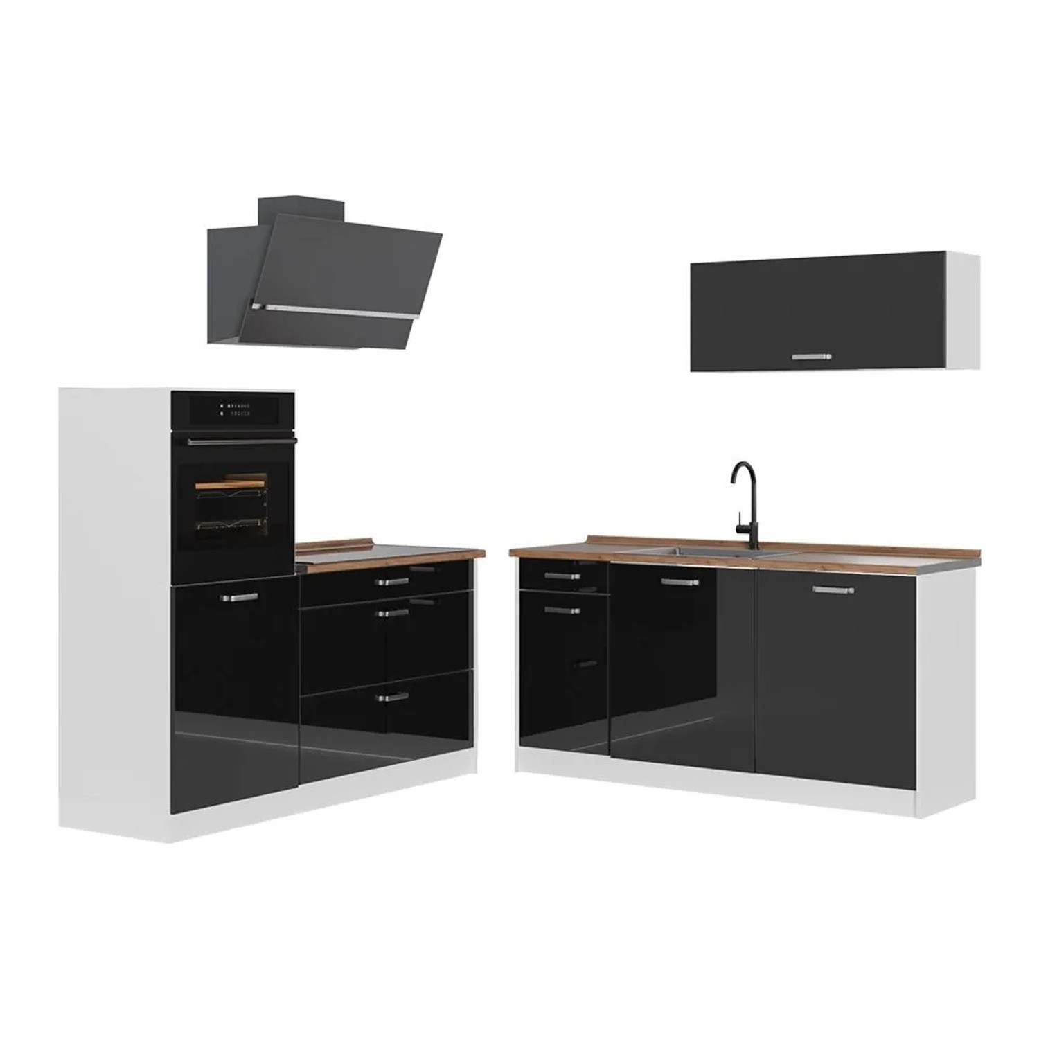 Vicco Küchenzeile R-Line Schwarz Hochglanz/Weiß 160 x 143 Arbeitsplatte Goldkraft Eiche Art Nr 66151