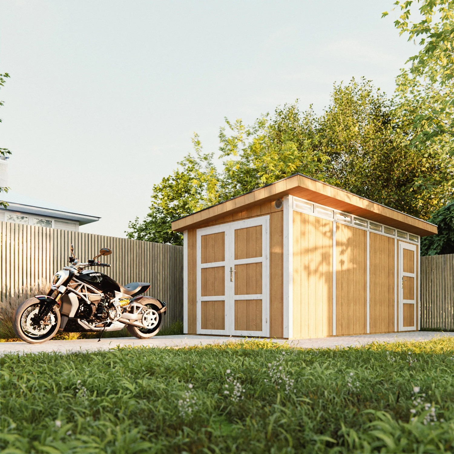 Grundiertes Timbela Holz-Gartenhaus M905C mit Flachdach und Motorrad davor.