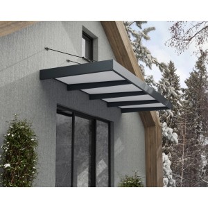 Graues Palram Canopia Vordach Sophia XL (379x140cm) am Haus montiert.