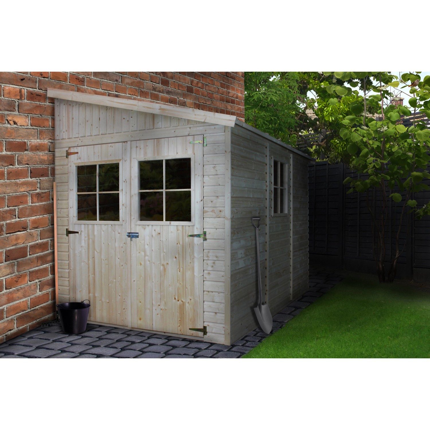 Timbela Anbau-Gartenhaus Holz 6m² mit Seitenwand und Boden im Garten.