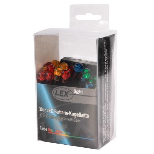 Lex 30er LED Batterie-Kugelkette bunt in transparenter Verpackung. Farbige Kugeln für Innenräume, batteriebetrieben.