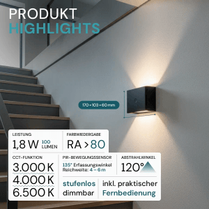 LUXULA Akku Wandleuchte Innen Up- Downlight Dimmbar CCT 3000-6500K Kalt-Wamrweiß Bewegungssensor Fernbedienung Schwarz