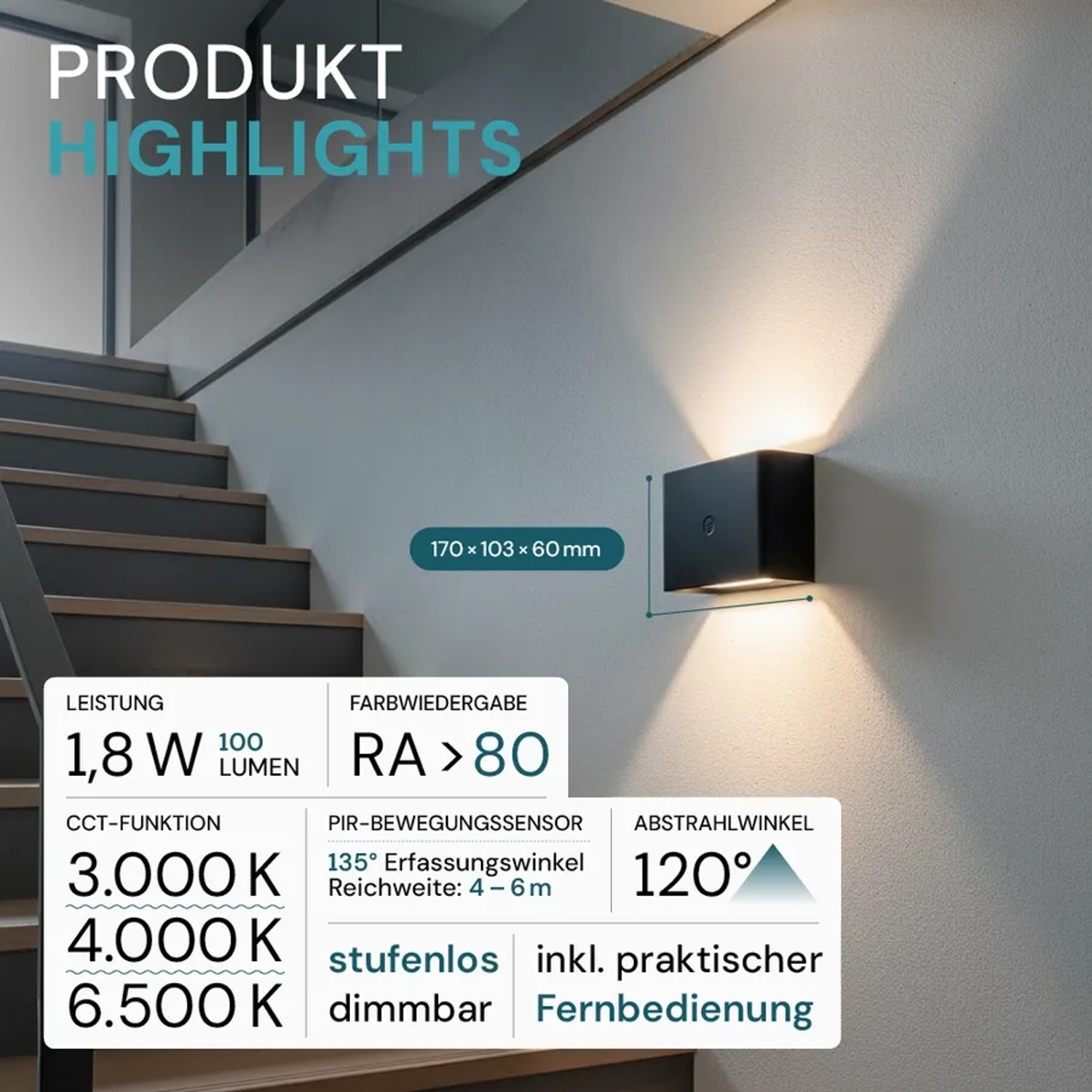 Schwarze LUXULA Akku Wandleuchte mit Up-Downlight, dimmbar und mit Bewegungssensor.