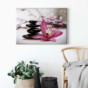 Leinwandbild mit pinker Orchidee und Steinturm, asiatisches Wellness Design für Bad und Schlafzimmer.