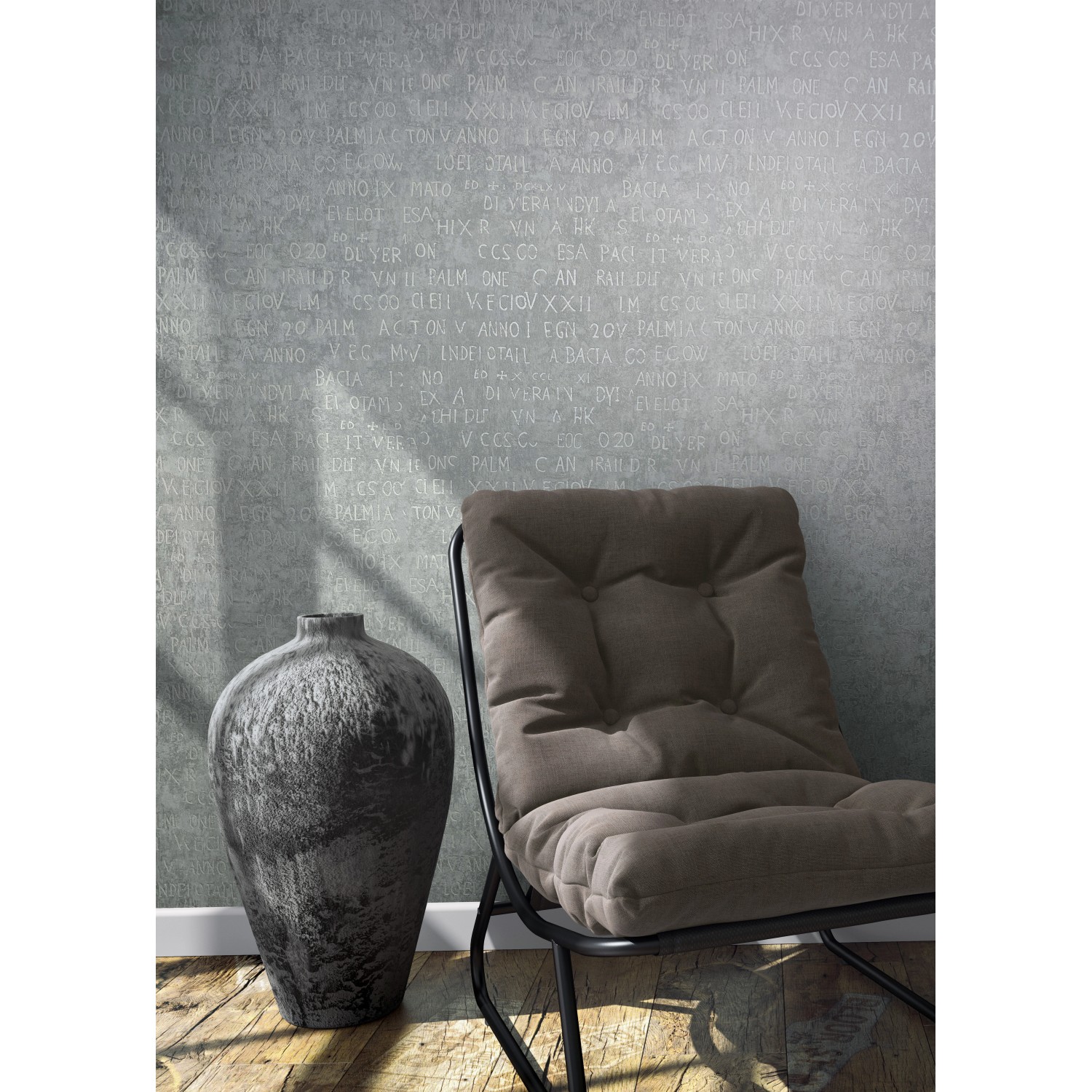 Moderne, graue Marburg Vliestapete Jackie 6 mit grafischem Muster im Wohnraum.