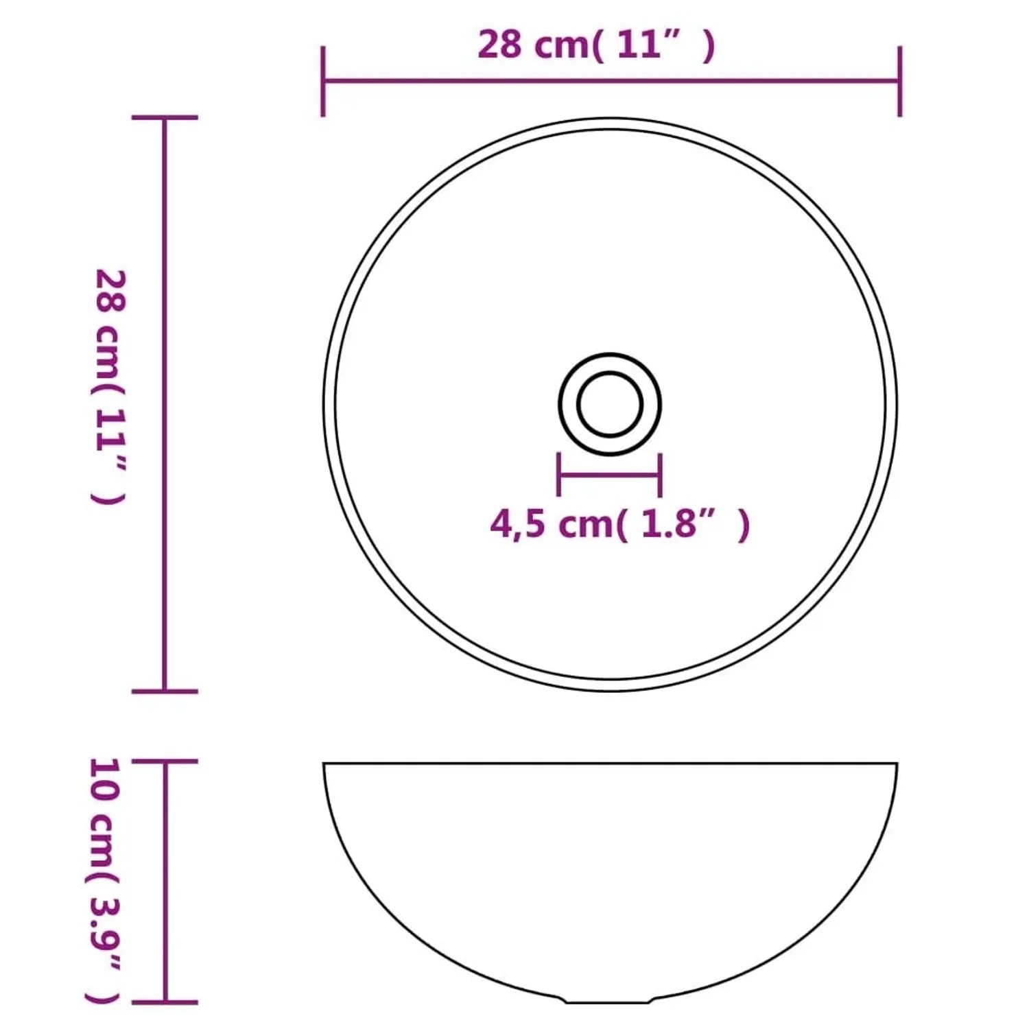 Techn. Zeichnung: Rundes vidaXL Keramik-Waschbecken mit 28 cm Durchmesser, 10 cm Höhe, 4,5 cm Abfluss.