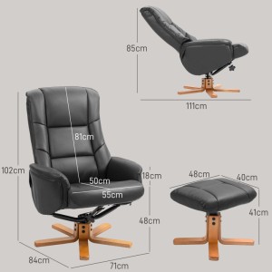 Schwarzer HOMCOM Relaxsessel aus Kunstleder mit Liege- & Wippfunktion, Holzfuß und Hocker. Produktmaße dargestellt.