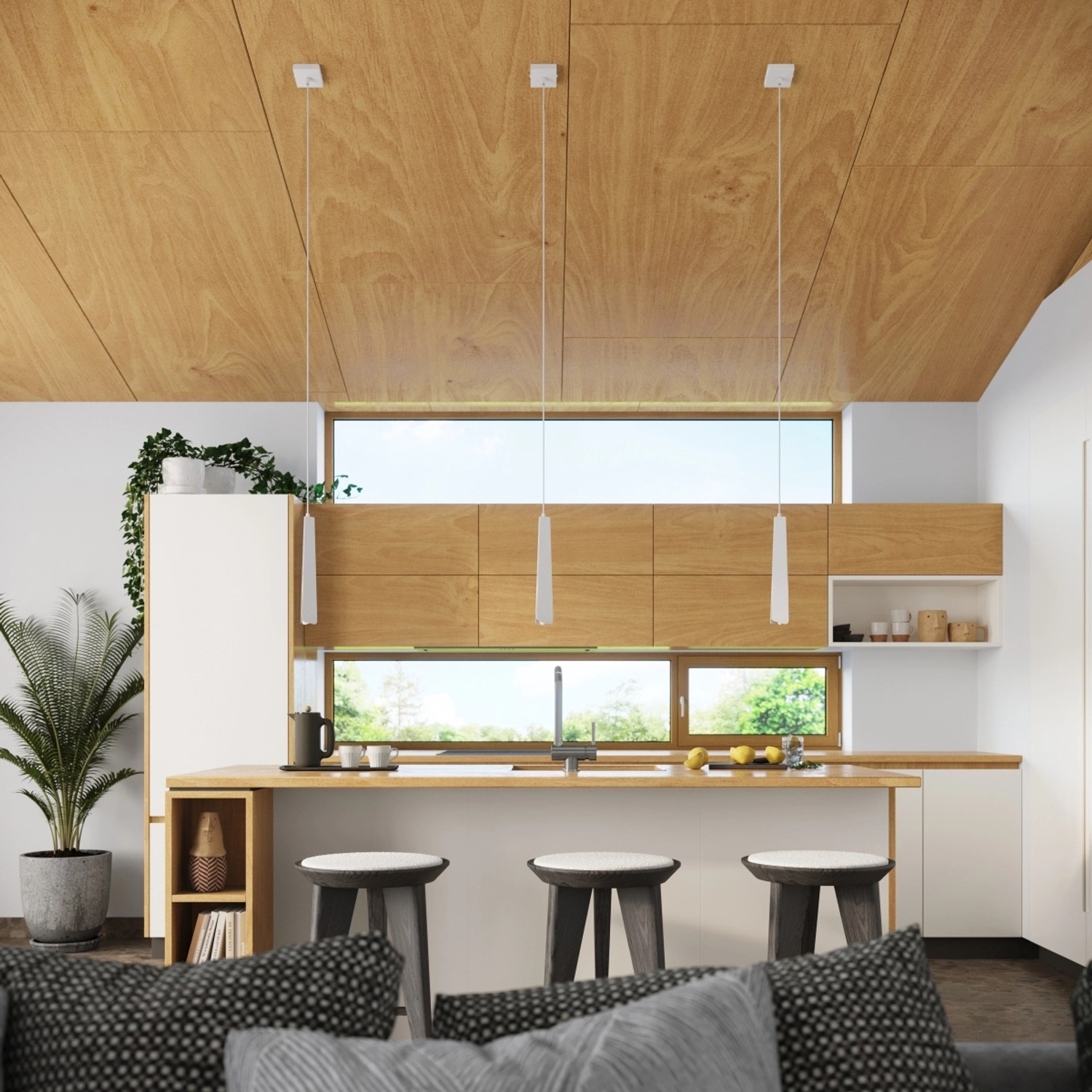 Moderne, weiße Hängeleuchte Prysm 1 von Sollux Lighting über Küchentheke. Lampen & Leuchten.