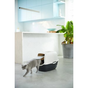 Rotho Katzentoilette Eco Bailey in Schwarz/Sand mit Katze beim Betreten.