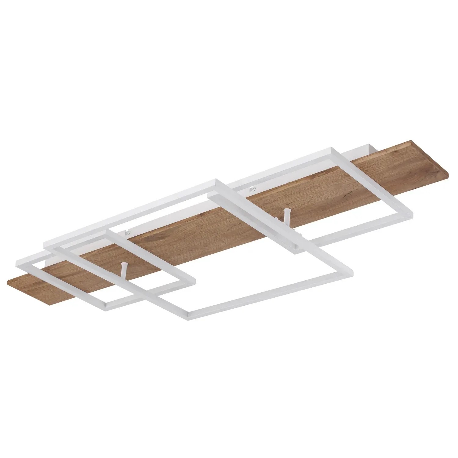 Moderne LED-Deckenleuchte Vanni in Holzfarben/Weiß, 95x40 cm, mit weißem Metallrahmen und Holzoptik.