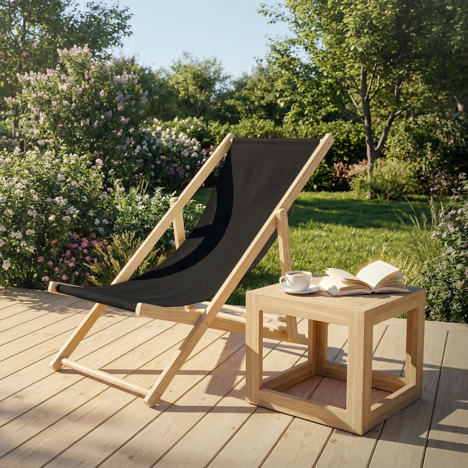 5er Set: Schwarzer, klappbarer Holz-Liegestuhl mit Beistelltisch im Garten.
