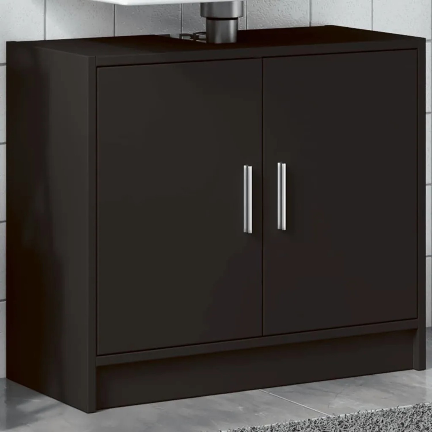 Schwarzer vidaXL Waschbeckenunterschrank (63x29x55 cm) aus Holzwerkstoff mit zwei Türen.