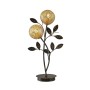 Schwarze Lucande Tischlampe Evory mit zwei goldenen Lampenschirmen im floralen Design.