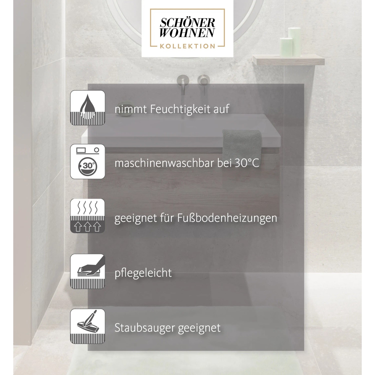 Detailansicht: Schöner Wohnen Badmatte Bali, 40x60 cm, weiß, mit Icons zu Produkteigenschaften.