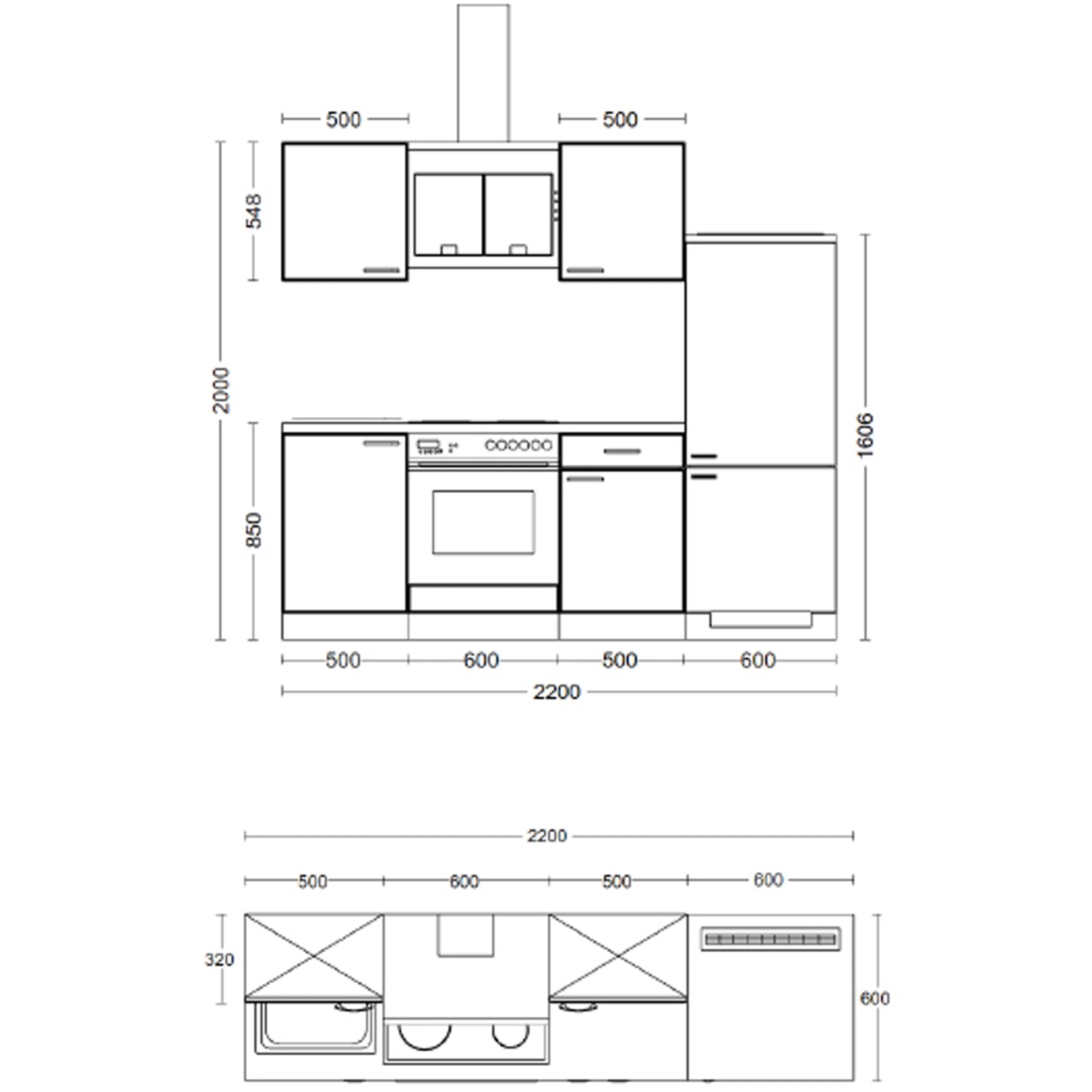 Skizze einer Flex-Well Küche in Schilfgrün/Artisan Eiche, 220 cm breit, mit Maßen.