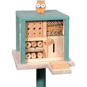 Dobar Insektenhotel Kubus „Zur Freundlichen Eule“ mit Holz-Eule auf grünem Dach.
