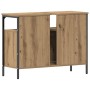 Waschbeckenschrank Artisan-Eiche mit schwarzem Stahlrahmen, 2 Türen, offenem Fach und Waschtischausschnitt.