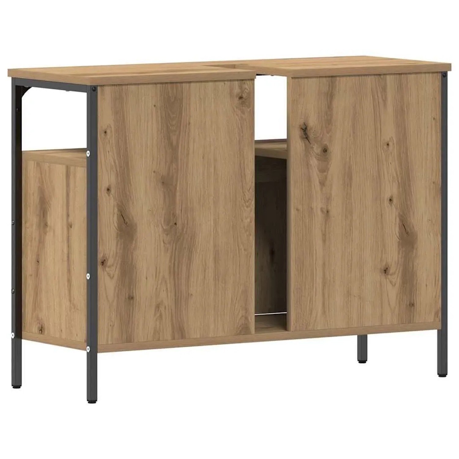 Waschbeckenschrank Artisan-Eiche mit schwarzem Stahlrahmen, 2 Türen, offenem Fach und Waschtischausschnitt.