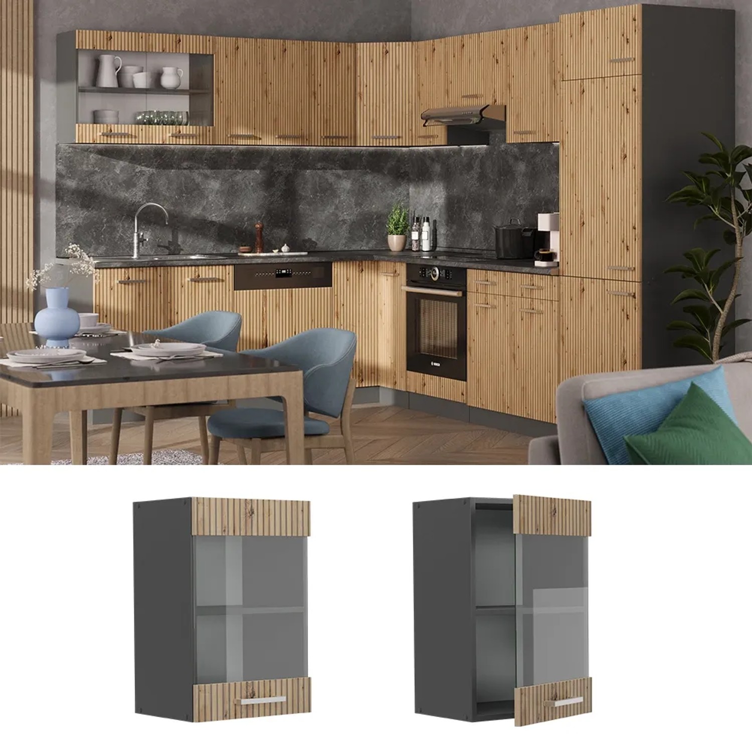 Vicco Küchen Glashängeschrank R-Line, Artisan Eiche/Anthrazit, 40 cm. Hängeschrank mit Glastür für die Küche.