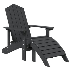 Anthrazitfarbener Furnicato Adirondack Gartenstuhl mit Hocker und Tisch aus HDPE.