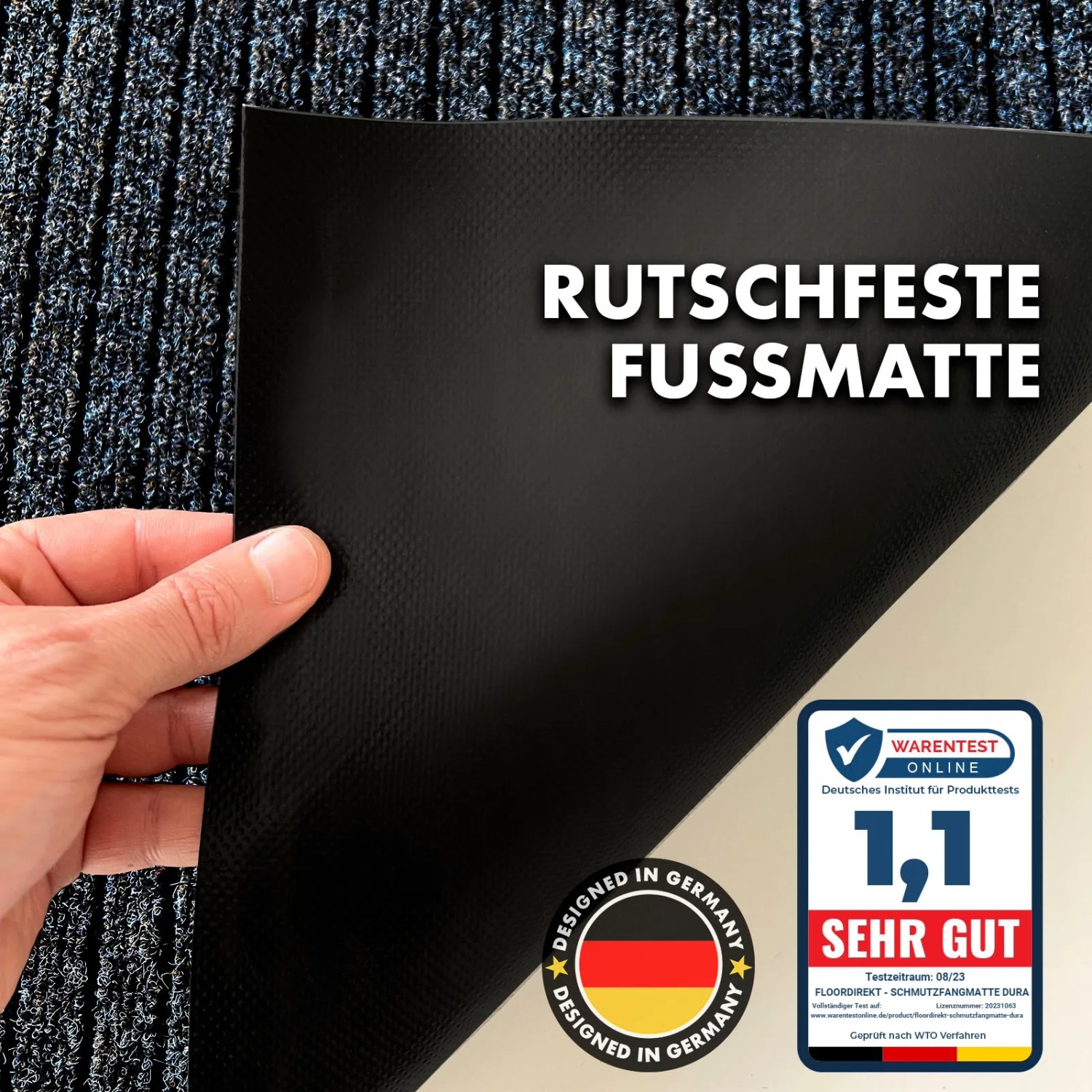 Anthrazitfarbene KARAT Schmutzfangmatte Dura, rutschfest, 150x180cm, Detailaufnahme der Rückseite.