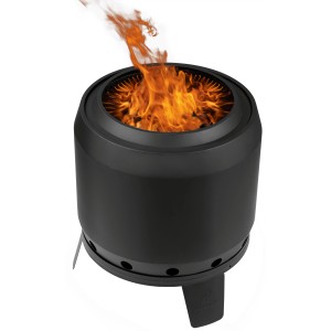 Schwarzer, rauchfreier Landmann Feuerkorb (Ø 50 cm) mit Flammen.