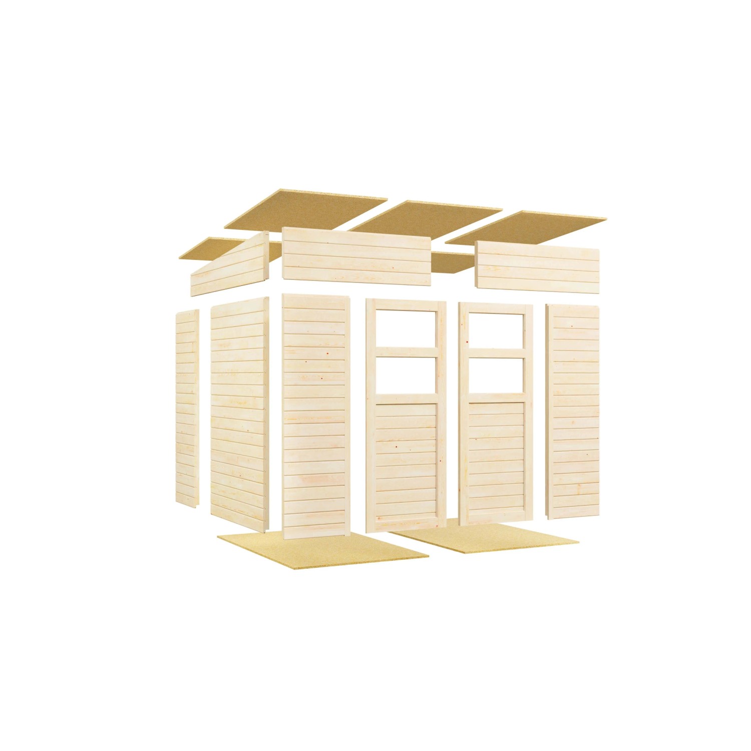 Elemente des Bertilo Gartenhauses Felix 2 Plus, hellgrau, aus Holz, zur Selbstmontage.
