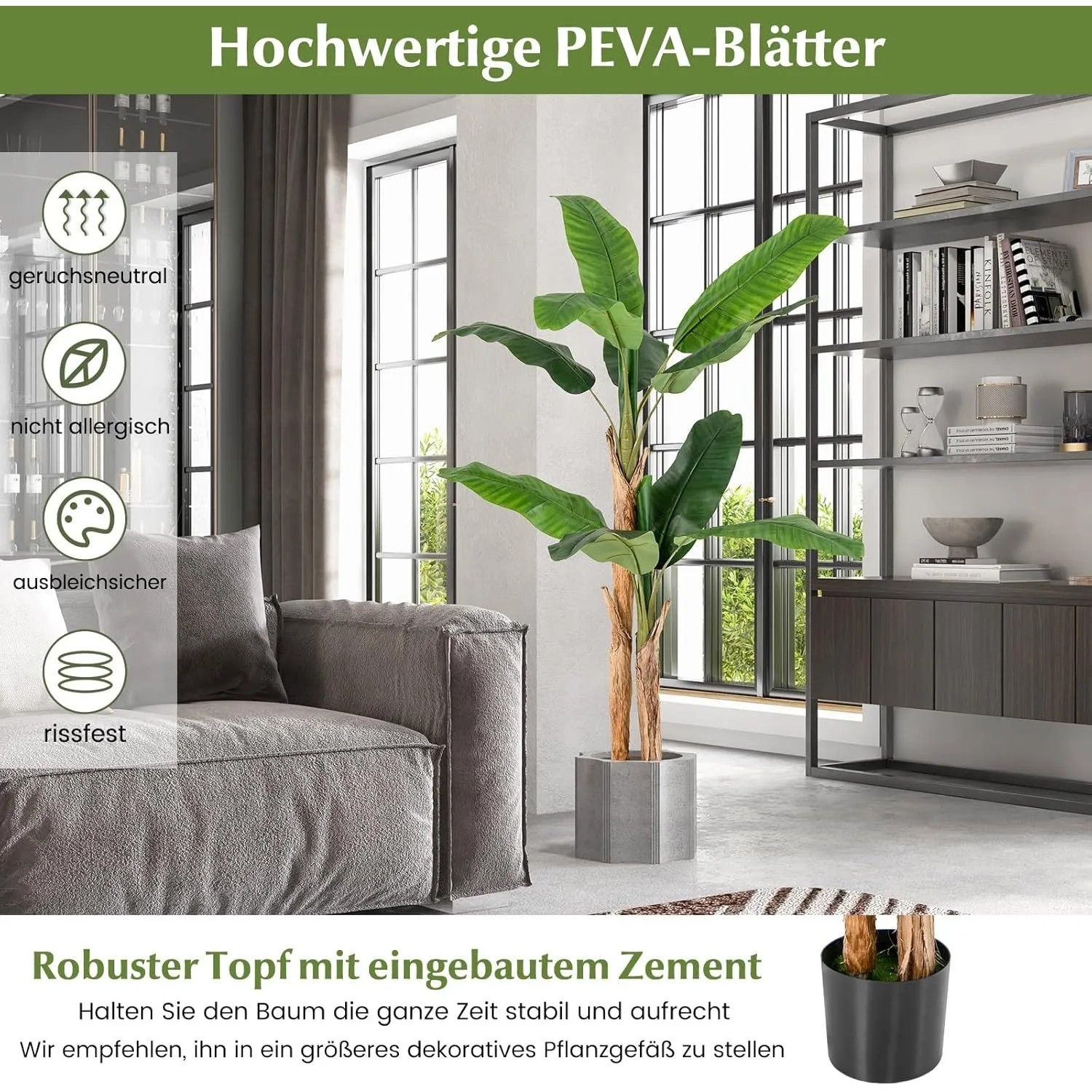 Costway Kunstpflanze Tropische Palme, 165 cm, mit grünen PEVA-Blättern im grauen Topf, als Wohnzimmer-Deko.