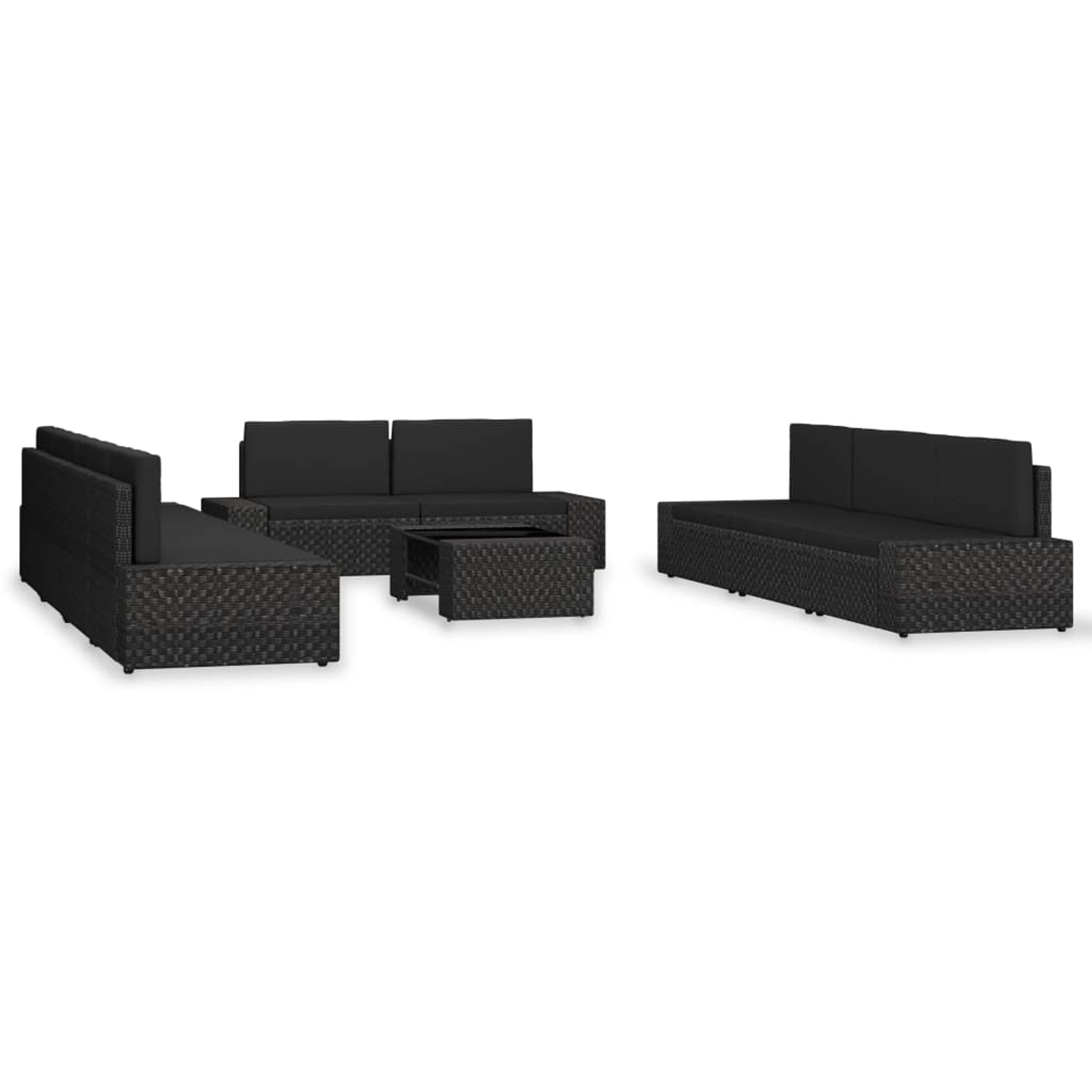 Schwarzes 10-tlg. vidaXL Garten-Lounge-Set aus Poly Rattan mit Tisch und Polstern.