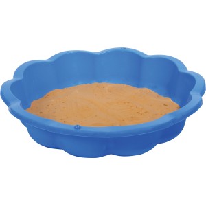 Blauer Sandkasten in Blumenform, gefüllt mit Sand. Sand- und Wasser-Blume, 2er-Set.