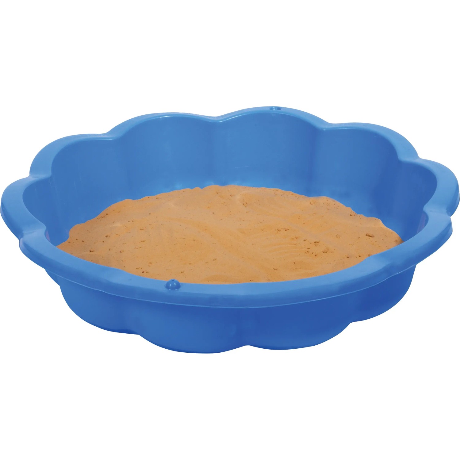 Blauer Sandkasten in Blumenform, gefüllt mit Sand. Sand- und Wasser-Blume, 2er-Set.
