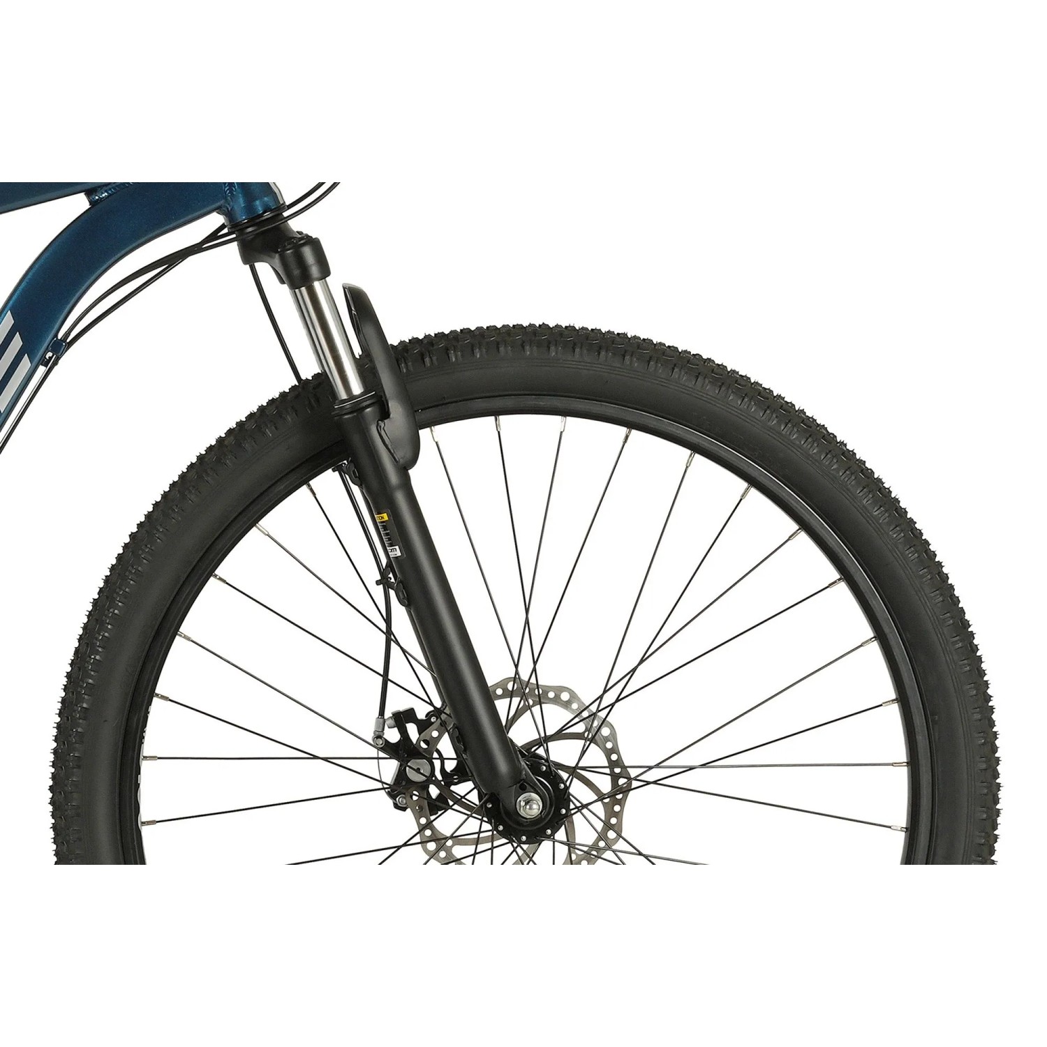 Prophete Mountainbike Vorderrad mit Aquamarin Rahmen, schwarzer Federgabel und Scheibenbremse. MTB 29 Zoll.