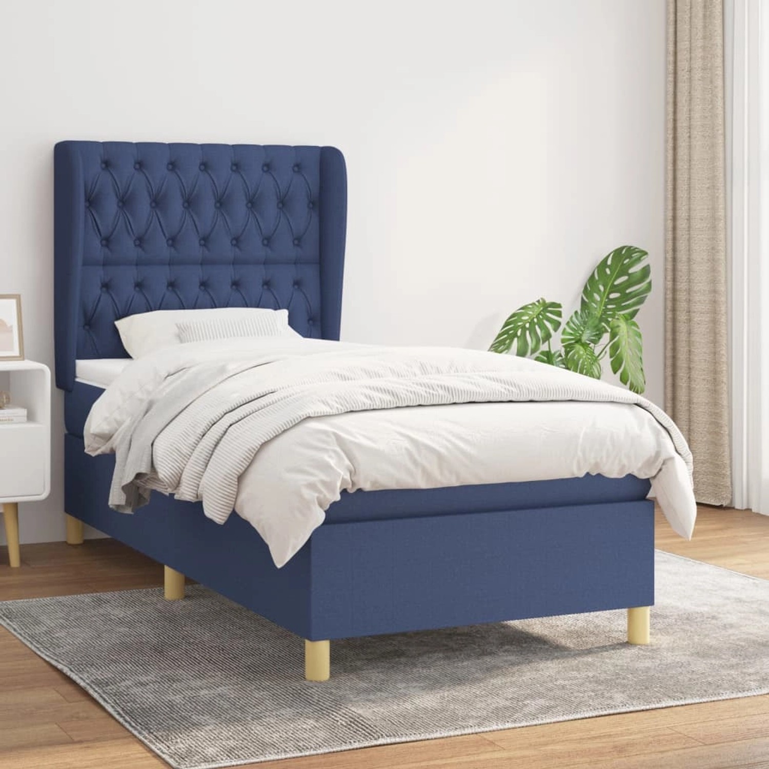Blaues vidaXL Boxspringbett (90x190 cm) mit Stoffbezug, Matratze und hohem Kopfteil.