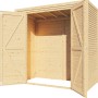 Bertilo Holz-Gartenhaus Box 1, naturbelassen, mit geöffneten Doppeltüren. Weekendhaus aus FSC®-zertifiziertem Holz.