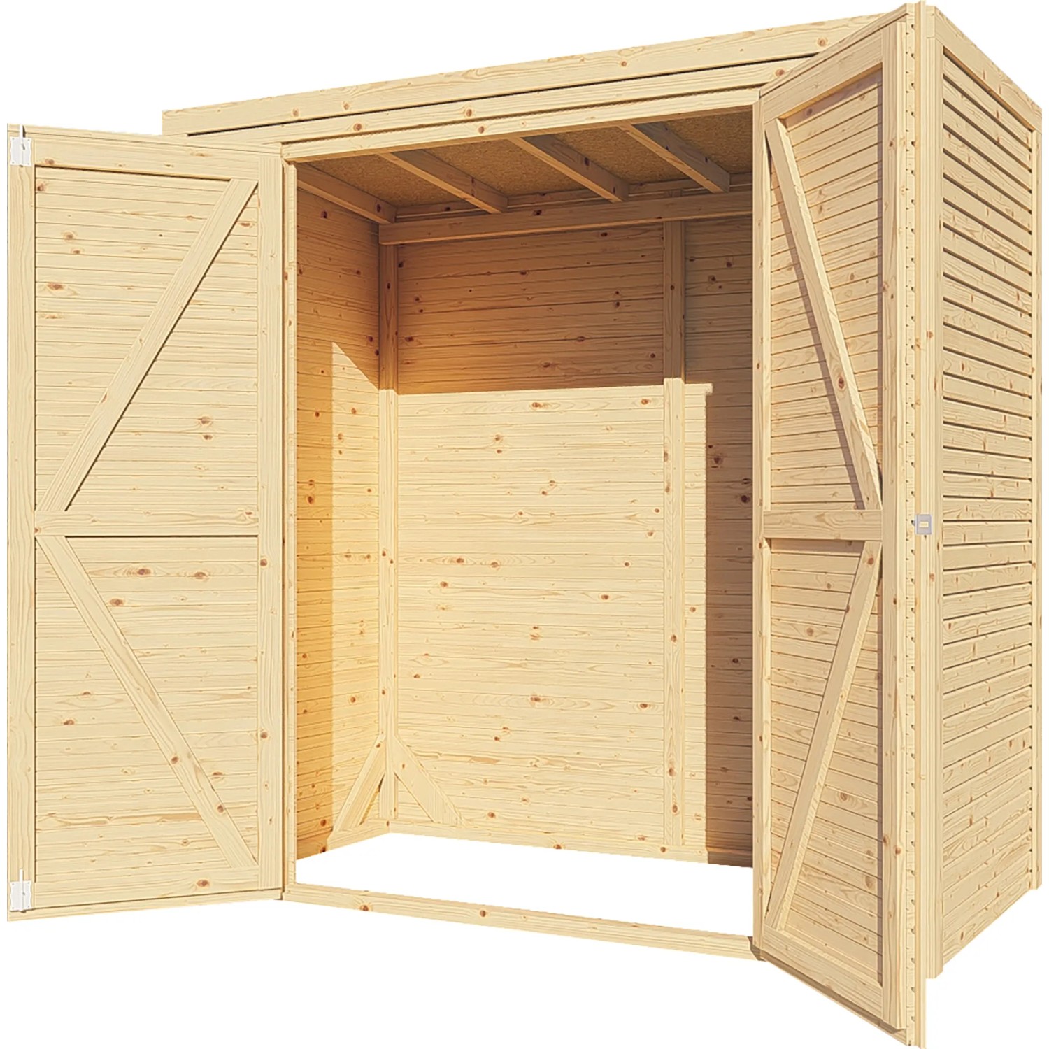 Bertilo Holz-Gartenhaus Box 1, naturbelassen, mit geöffneten Doppeltüren. Weekendhaus aus FSC®-zertifiziertem Holz.