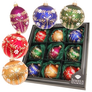 9-teiliges Set Krebs Glas Lauscha Weihnachtskugeln Gloria, 8 cm, verschiedene Farben mit Strass und Kristall.