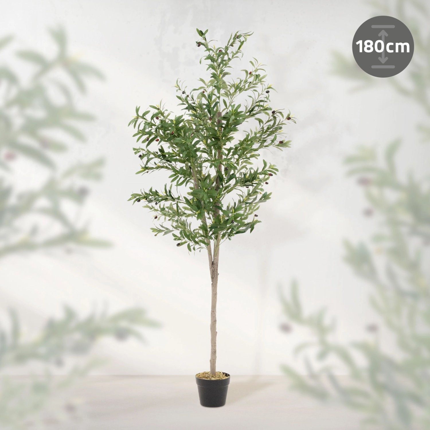 ML-Design künstlicher Olivenbaum, 180 cm hoch, mit Holzstamm im Topf. Dekorative Kunstpflanze.