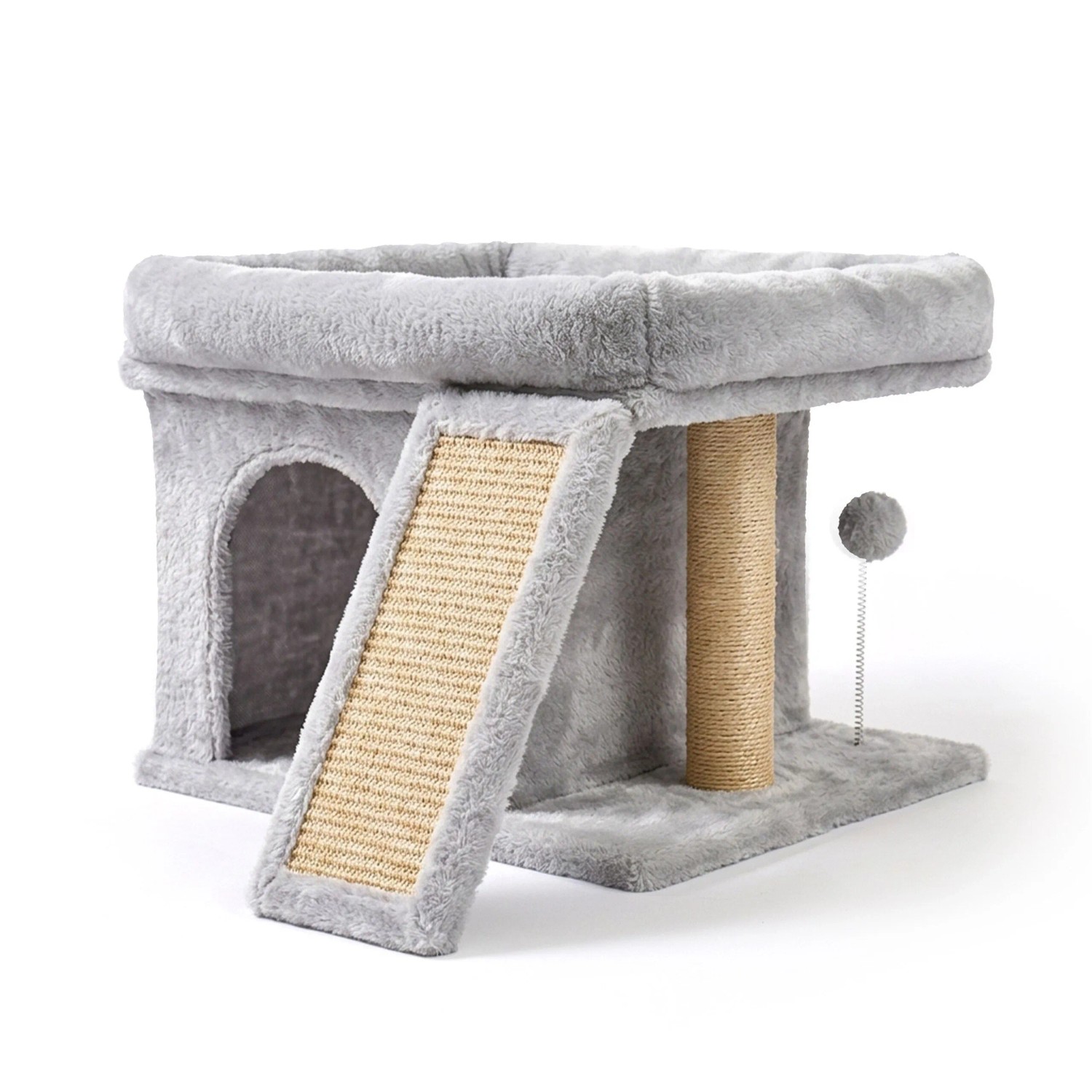 Relaxdays Kratzbaum MDF Sisal Hellgrau mit Höhle und Liegefläche Waschbar 38,5 cm x 54 cm x 45 cm