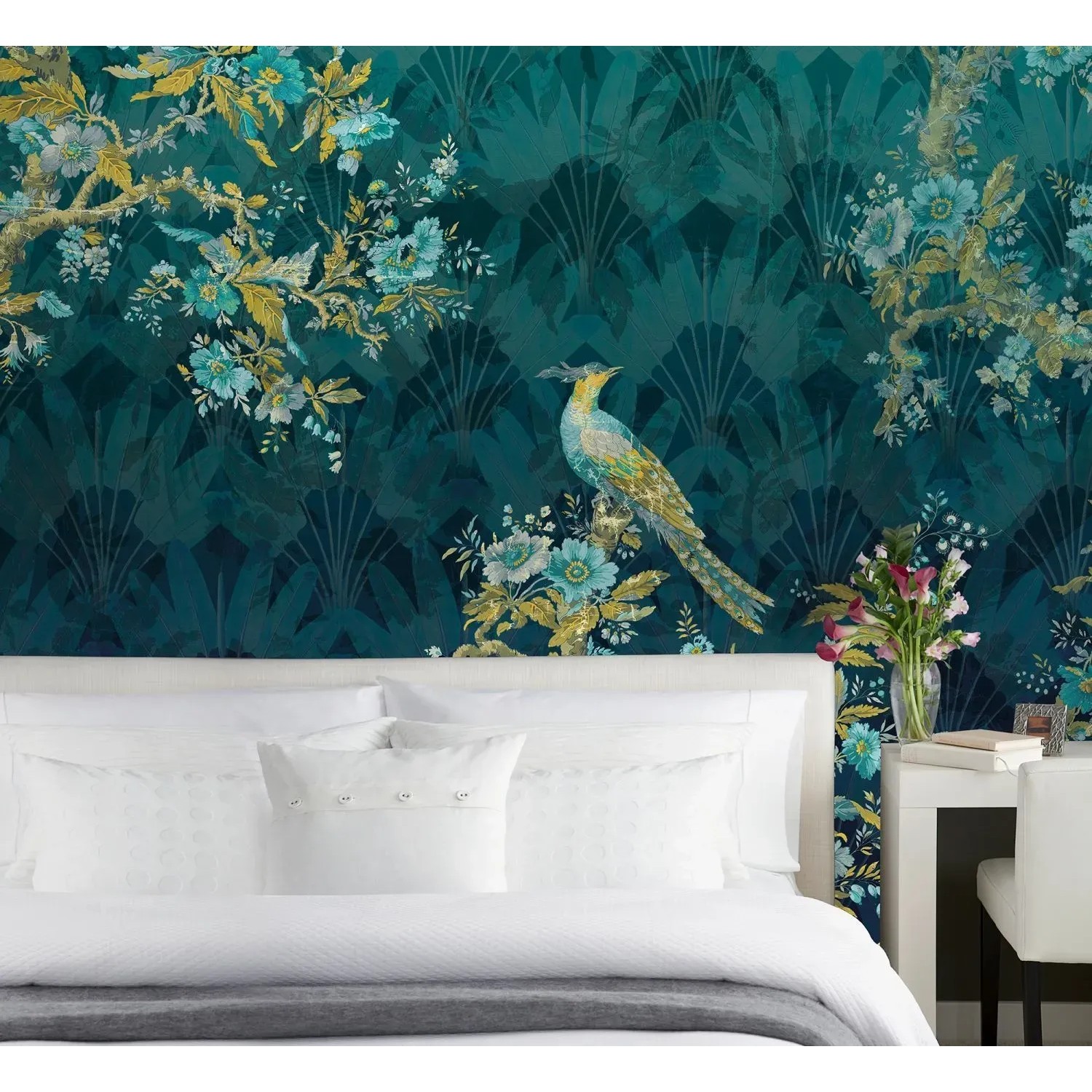 Fototapete Vögel Petrolblau, florales Muster mit Vogelmotiv für Wohnraum.