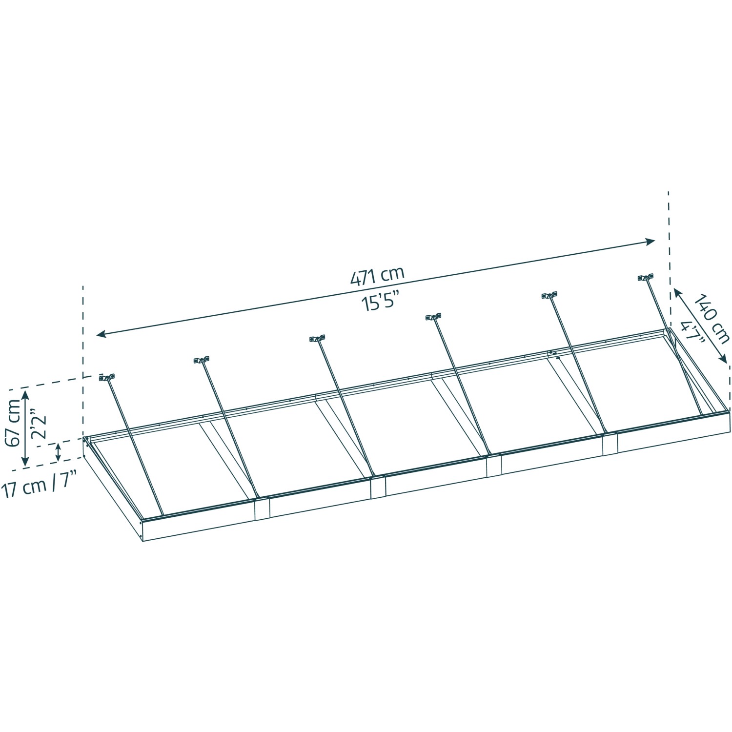 Graues Palram Canopia Vordach Sophia XL, 471x140 cm, mit Maßangaben.